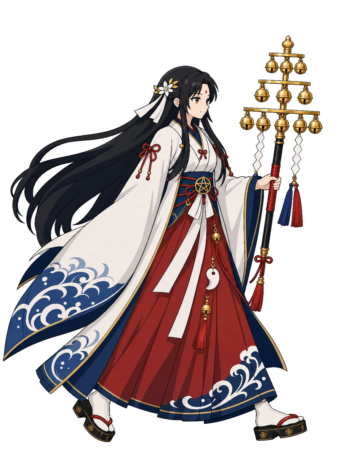 白衣緋袴的巫女手執神樂鈴杖，走在夜色中